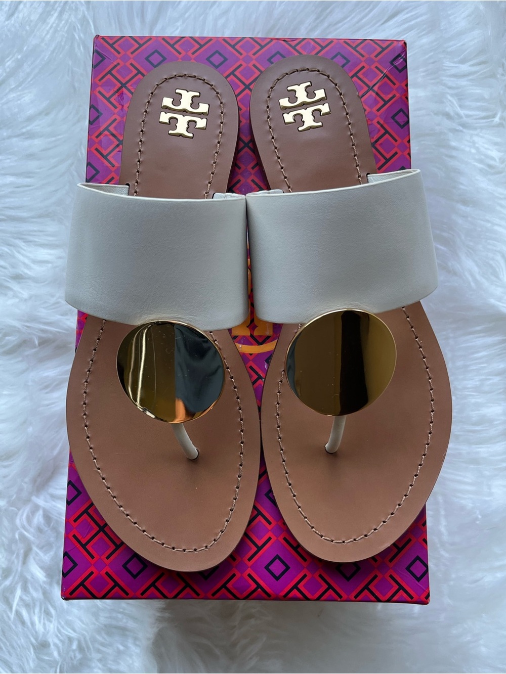 🆕 Tory Burch Patos Disc Sandals- Calf Leather Ivory/Gold Size 8.5 Dustbag